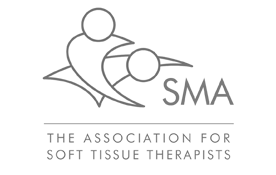 S.M.A grey logo two simple people icons of a massage